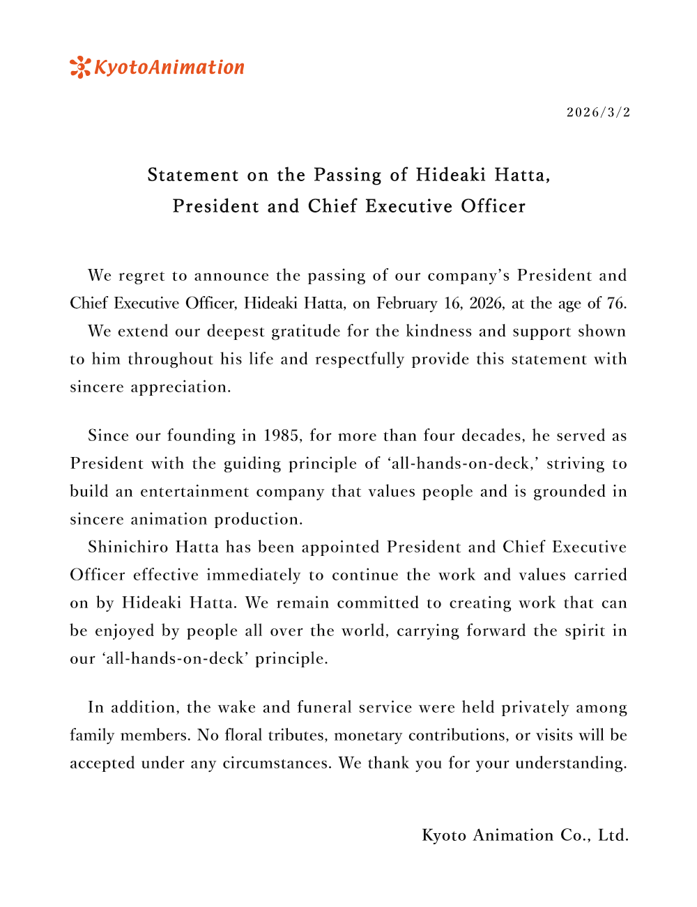 kyoto animation statement on president and ceo hideaki hatta passing