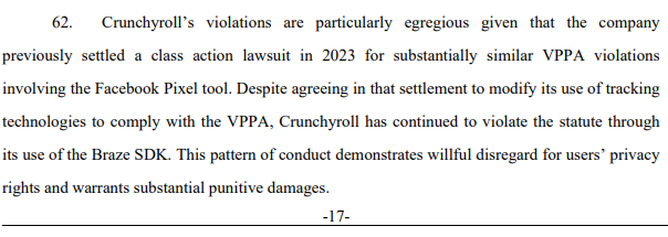 Crunchyroll's alleged violation of the VPPA was described as egregious as it previously settled a lawsuit regarding VPPA violations
