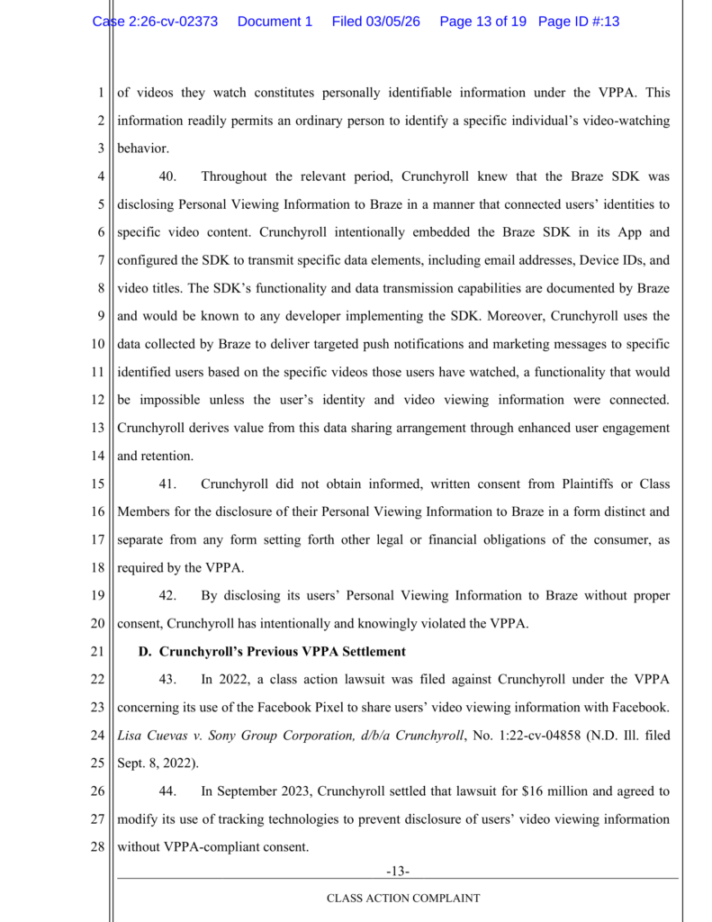 Arguments that Crunchyroll knowingly disclosed details of consumers and their viewing habits to third parties