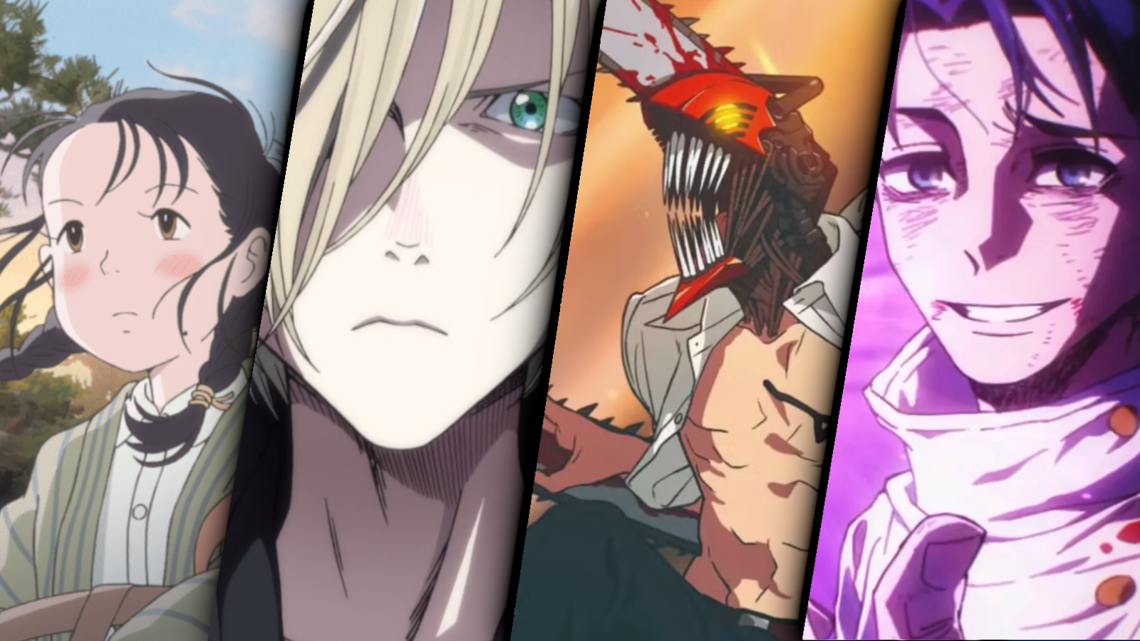 in this corner of the world anime character SUZU, yuri on ice's victor, chainsaw man's denji, and jujutsu kaisen's yuta