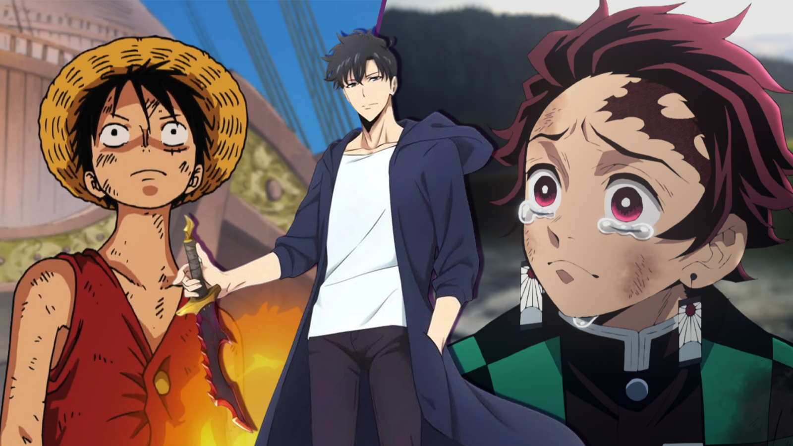 solo leveling's jinwoo holding a dagger with another hand in his pocket is positioned in the middle of a serious looking luffy and sobbing tanjiro
